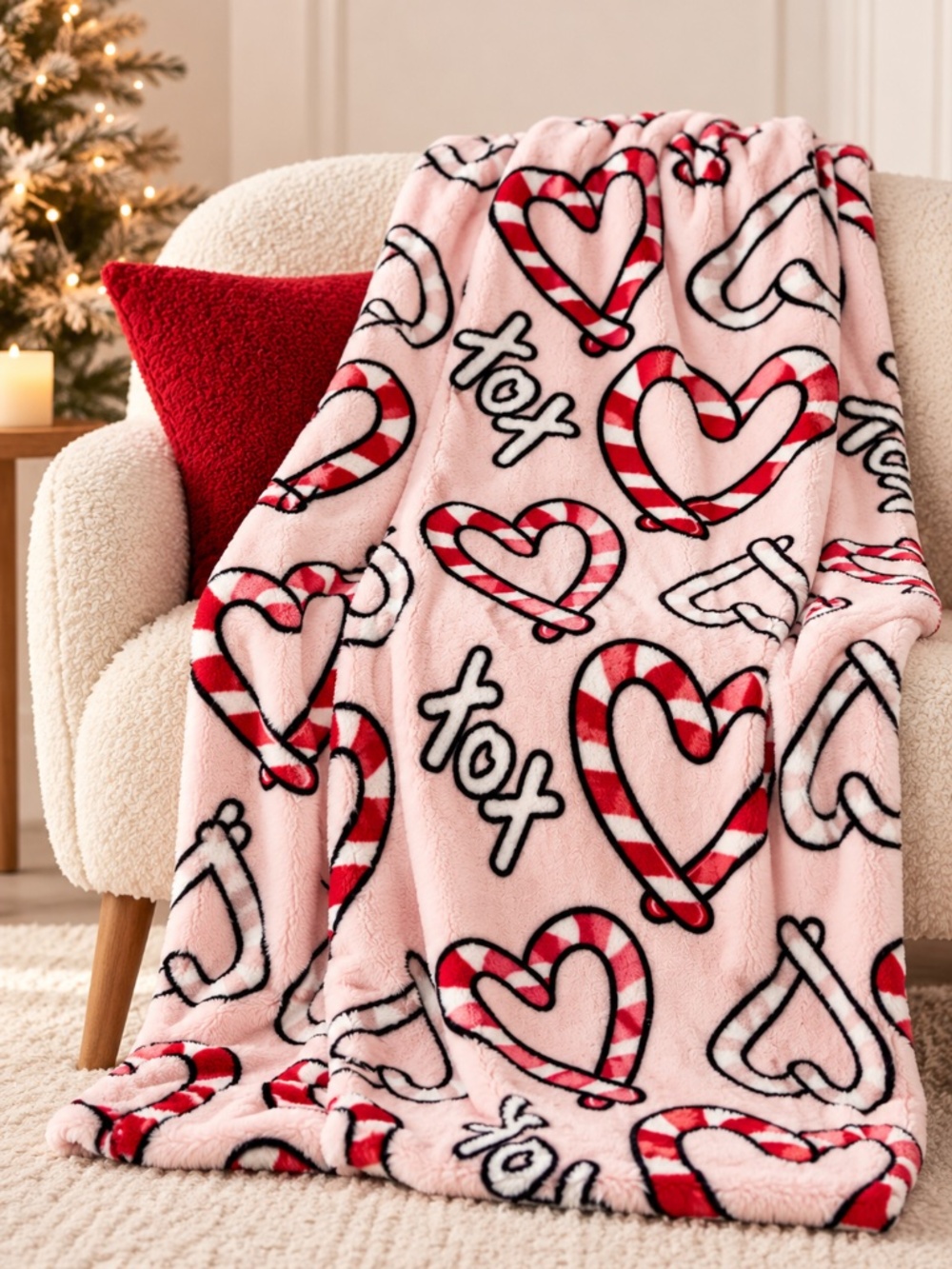 NWT Betsey Johnson Christmas Plush Throw Blanket Pink Candy Cane Hearts 50x70